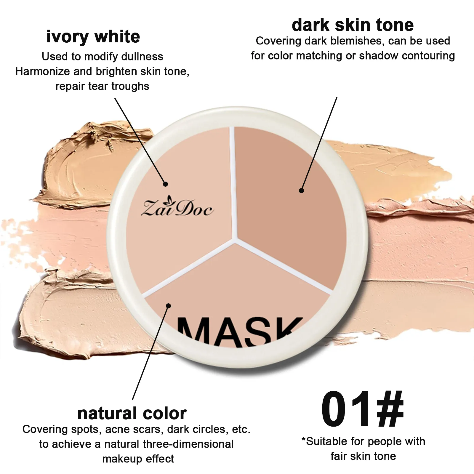 ZaiDoc 3 สีคอนซีลเลอร์ Palette Full Coverage Long Lasting Cream Corrector สำหรับสิว Dark Circles Eye กระเป๋าธรรมชาติแต่งหน้า 15g แต่ละ — image 3