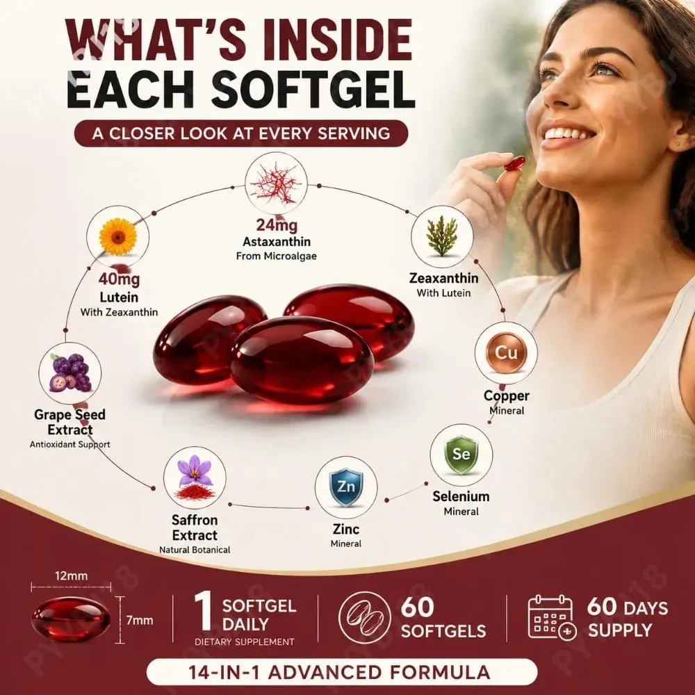 Augenergänzungsmittel mit dreifacher Stärke, Lutein, Astaxanthin und Zeaxanthin, Sehunterstützung bei Bildschirmblendung und digitaler Augenbelastung, 60 Kapseln