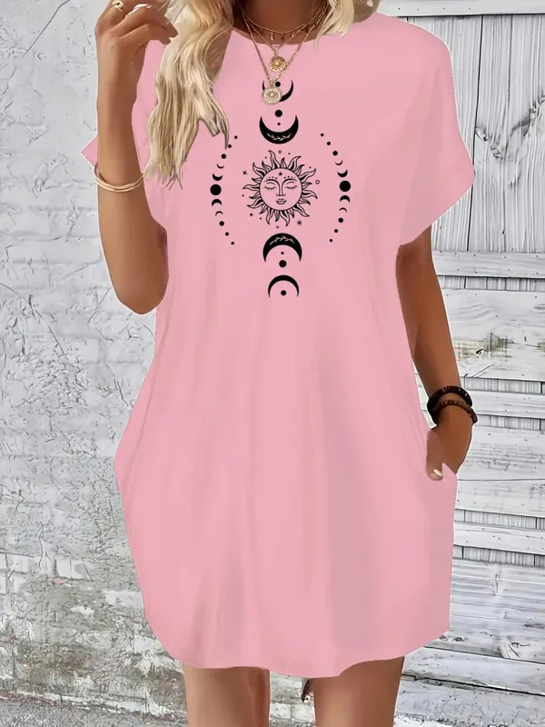 Damen-Sommerkleid mit lockerem Sonne-Mond-Planeten-Muster, bedruckt, Rundhalsausschnitt, kurze Ärmel, Tasche, bequemes, lässiges Kleid in Übergröße — image 9