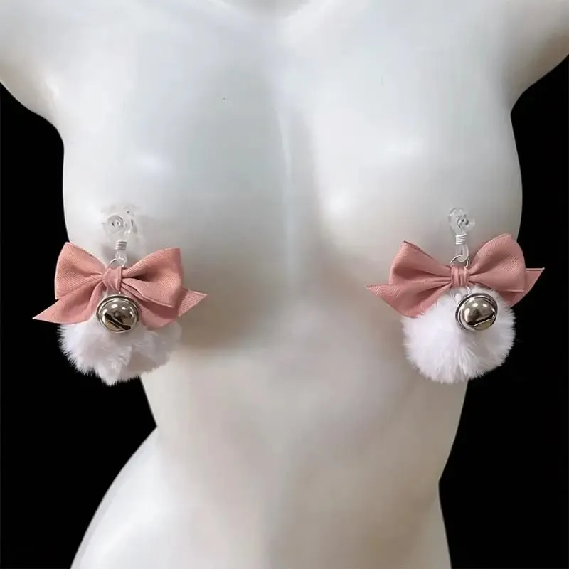 Flauschige Schleife Nippelklammern Glöckchenkragen Körperkette Rosa Brustfesseln BDSM Sexspielzeug für Erwachsene für Frauen