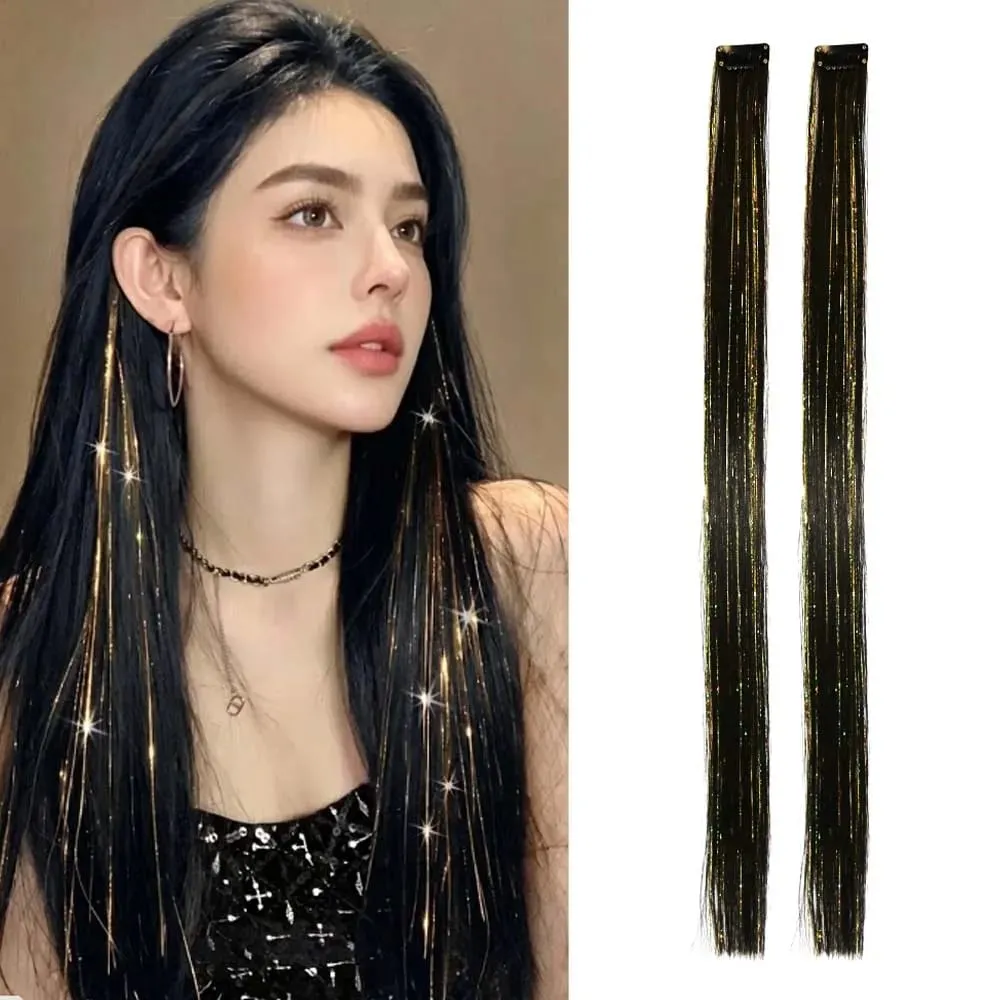 2PCS light brown with tinsel Hair Extensions 24inch Sparkling Hair Clips Multicolored Clip In On Hair Extension Synthetic Hair