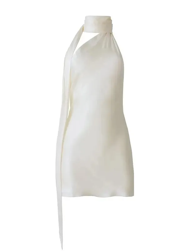 VGH Patchwork Resmi Elbiseler Kadınlar Için Halter Yaka Kapalı Omuz Kolsuz Yüksek Bel Backless Saten Mini Elbise Kadın Tarzı — image 8