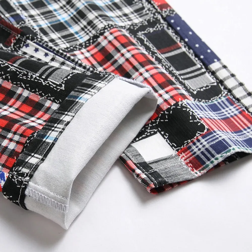 Jeans da uomo con stampa digitale scozzese Toppe alla moda Pantaloni in denim elasticizzato patchwork Pantaloni dritti slim — image 5