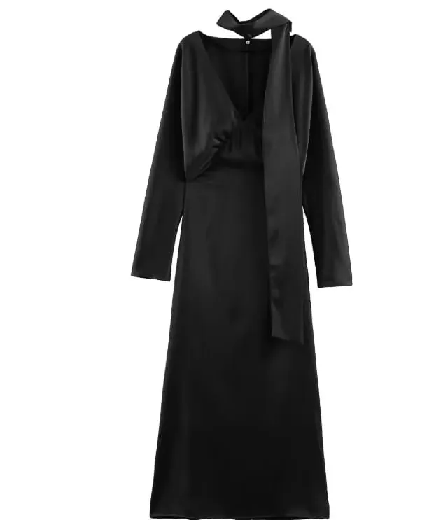 2026 nuova sciarpa abiti lunghi eleganti solidi donna primavera scollo a V manica lunga club party abito lungo abiti eleganti slim fit femminili — image 7
