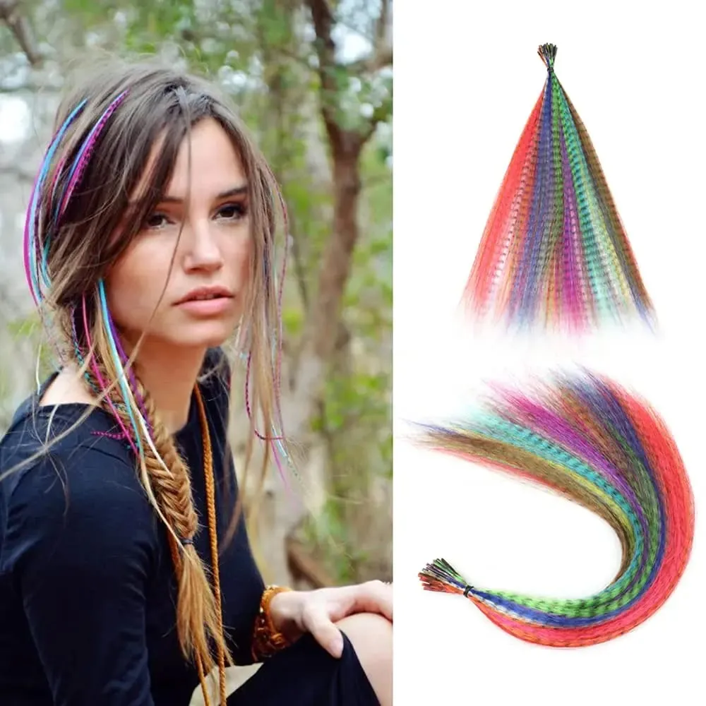 Colored Strands for Hair Feather Extension 10 Pieces I Tip Synthetic Hairpiece Fake Hair Zebra Line Feather Hair Extensions — image 3