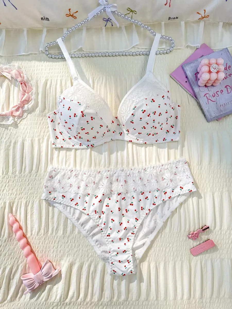 Ensemble soutien-gorge et culotte en dentelle à motif cerise pour femmes, grande taille, bretelles réglables, doux, non rembourré, respirant, ensemble de Lingerie