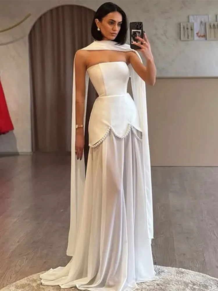 Gaun Malam Hem Bunga Aksen Dasi Warna Solid Rantai Mutiara Berpanel Tanpa Tali Gaun Wanita Elegan 2026 Gaun Wanita Chic Fashion Gaun Wanita — image 2