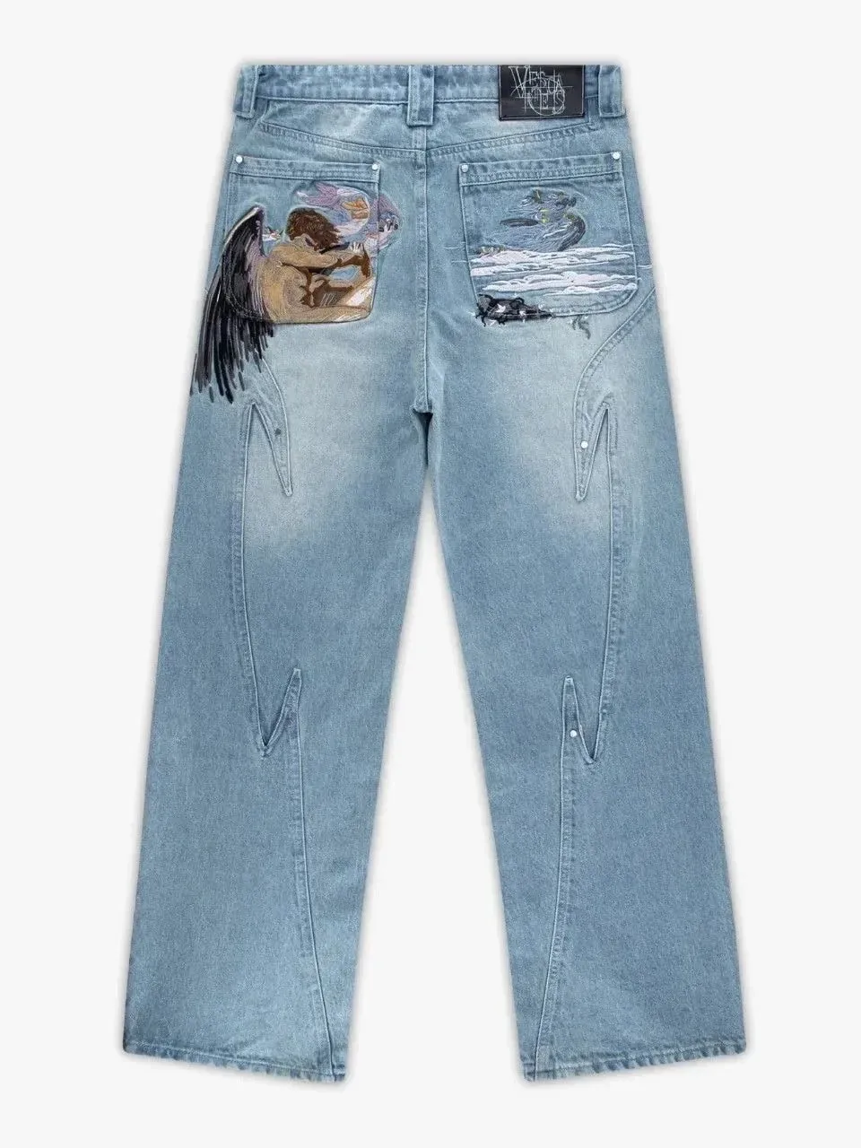 Y2K Black Baggy Cargo Jeans Men Horse Back Pocket Embroidery Cursive Wild Ride Distressed Cut Out Wide Leg Casual Denim Trouser — image 8