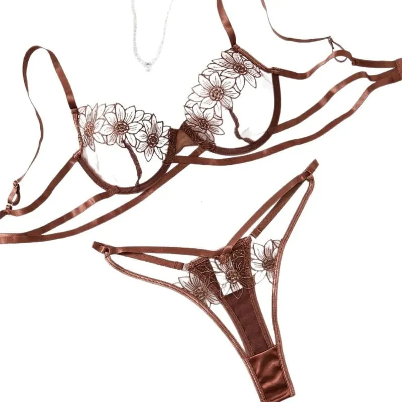 Set Bra Berwayar Berdawai Bersulam Bunga Mewah Berjala Wanita + Seluar Dalam — image 6