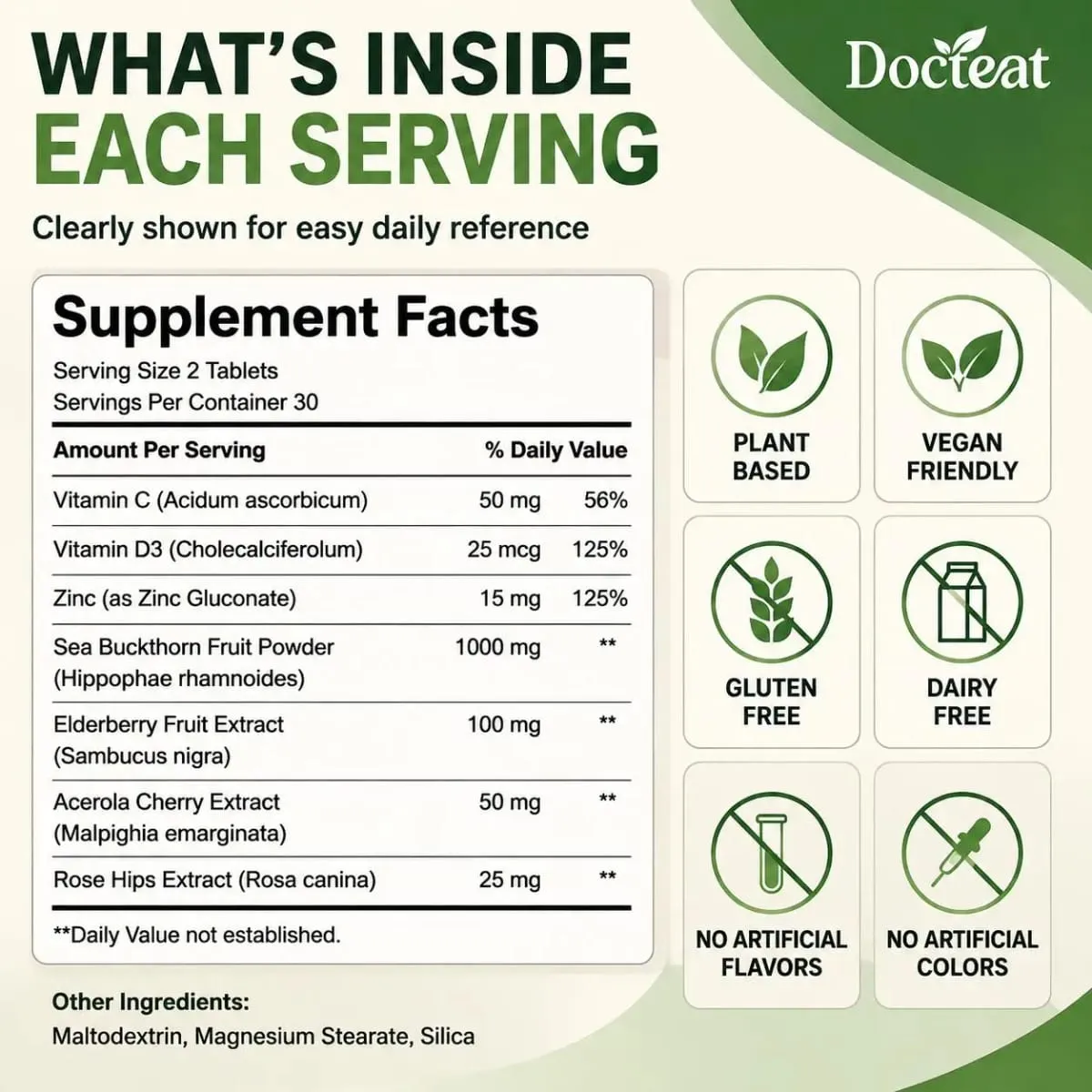 Docteat Havtorn 1000mg Tabletter Daglig Immunfunktion Støtte Antioxidant Ernæring Vitamin C Zink Vitamin D3 60 Tabletter — image 3