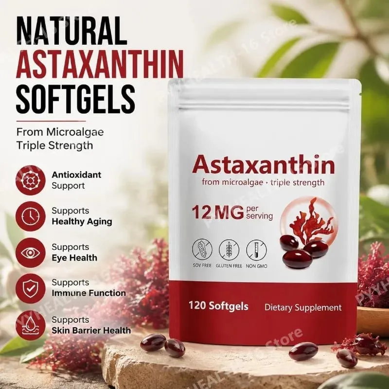 Astaxanthine Softgels 12 mg van microalgen Drievoudige sterkte antioxidant Ondersteuning voor huidveroudering Ooggezondheid 120 Softgels — image 1