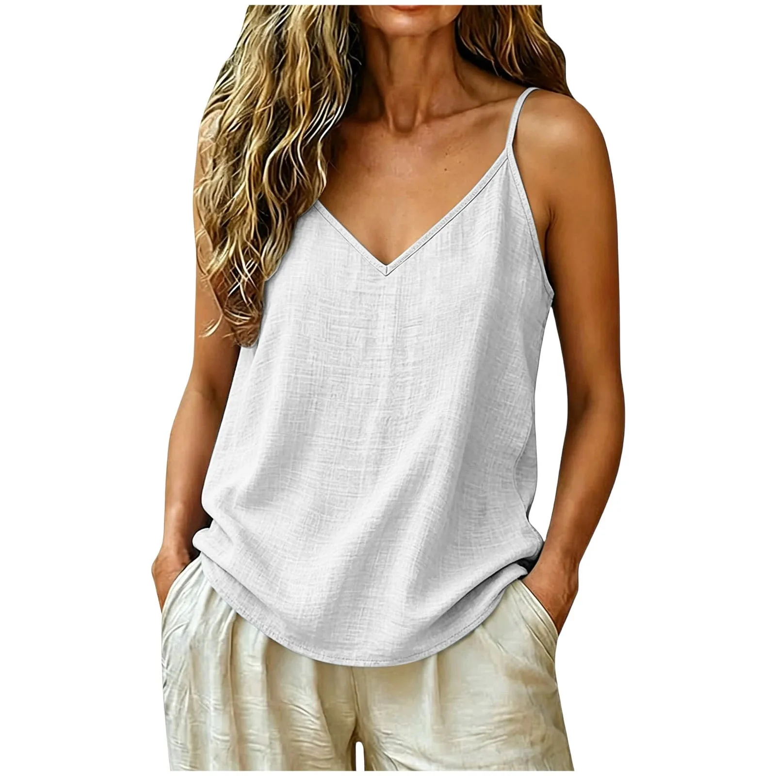Tank Top Tali Spaghetti Linen Katun Wanita Atasan Pantai Musim Panas Kamisol Tanpa Lengan Kasual Ringan Longgar Warna Polos Leher V — image 5
