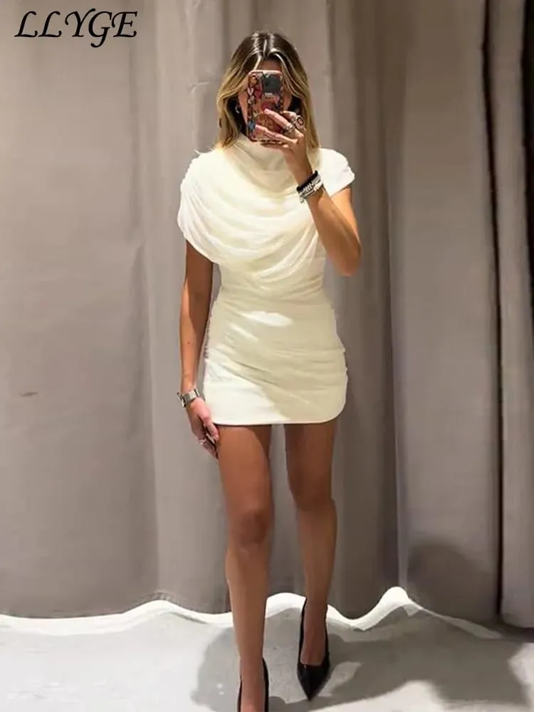 Elegant Mesh Shawl Short Dress Women Pleated Half High Collar Sleeveless Female Dresses 2026 Spring Lady Chic Party Gowns New — image 5