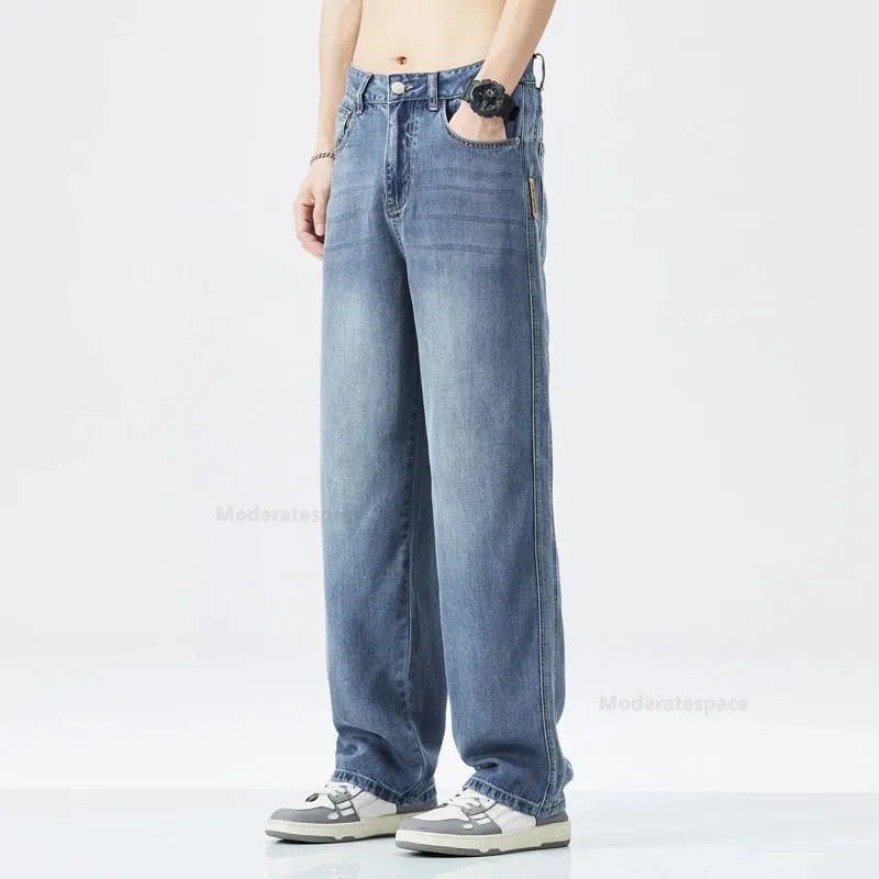 Stretch Jeans Männer 2024 Neue Lyocell Stoff Hohe Qualität Weiche Lose Breite Hosen Elastische Taille Casual Denim Hosen Streetwear — image 11