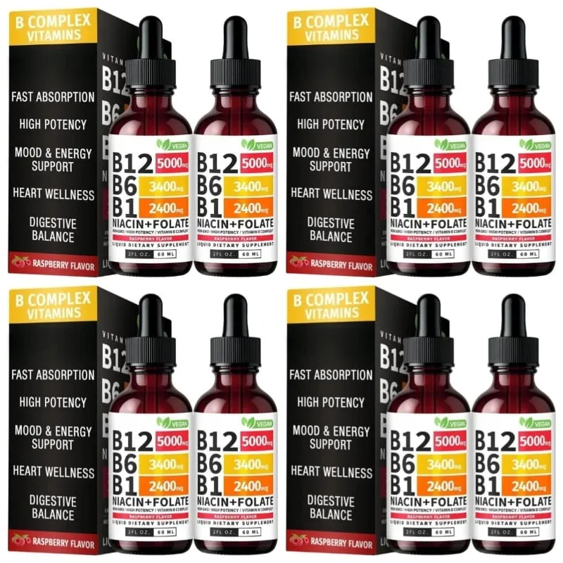 B12 B6 B1 Niacine Folate Liquide Sublingual Vegan B-Complex Gouttes pour l'énergie quotidienne et le soutien de la concentration Framboise pour hommes femmes 60 ML — image 10