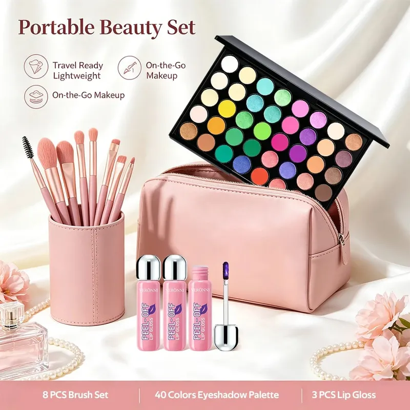 Kit per il trucco da 5 pezzi Palette di ombretti da 40 colori + 3 lucidalabbra staccabili con 8 pennelli Ombretto opaco brillante Ombretto per trucco completo Regalo — image 3
