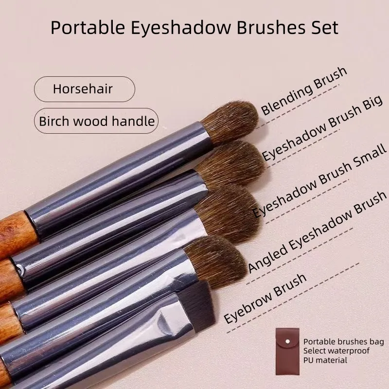 5-teiliges Pferdehaar-Lidschatten-Make-up-Pinsel-Set mit Tasche, Augenbrauen-Lidschatten-Mischpinsel, Make-up-Pinsel, Tierhaar-Make-up-Tools — image 4