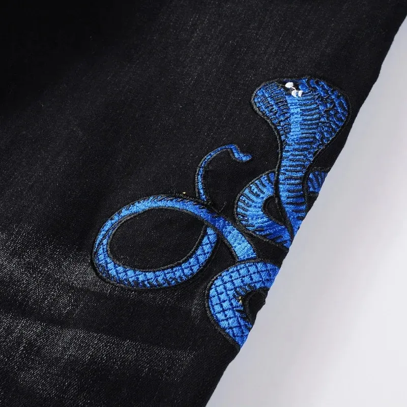 ผู้ชายงูเย็บปักถักร้อยกางเกงยีนส์ Streetwear หนัง Patch ยืดกางเกงยีนส์ Skinny กางเกง Ripped Distreesed กางเกงดินสอ — image 4