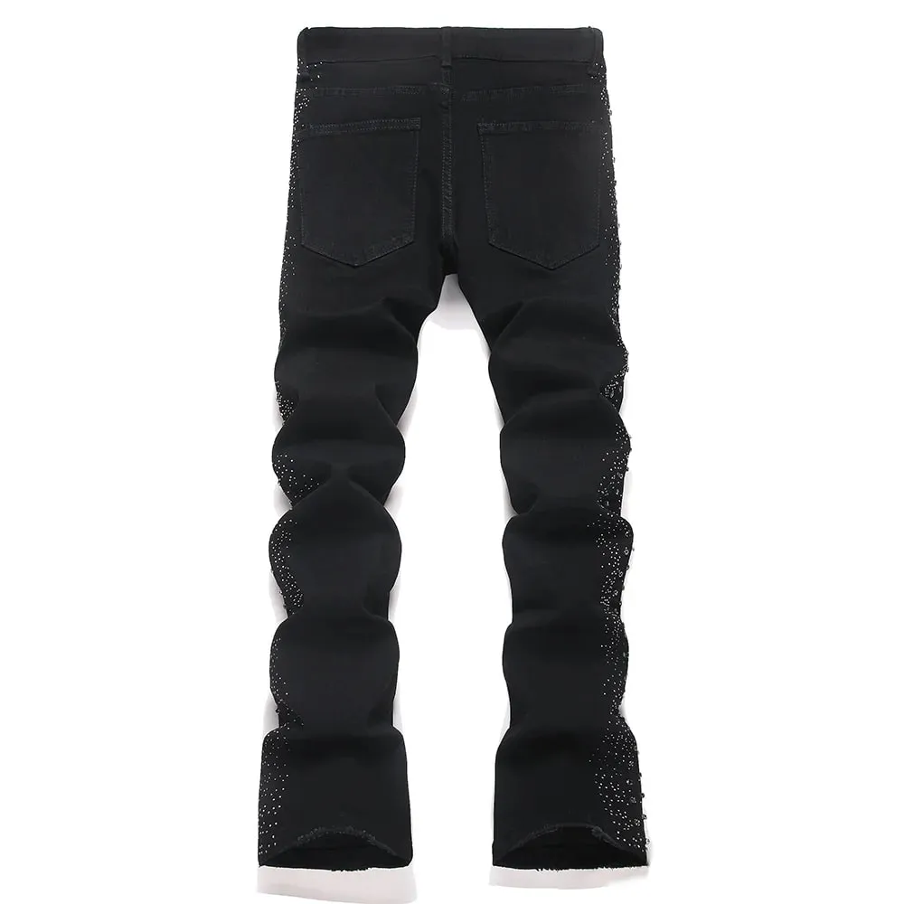 Seluar Jeans Denim Berkobar-kobar Lelaki Punk Kristal Rivet Stretch Kapas Hitam Seluar Spandeks Seluar Slim Potongan But — image 2
