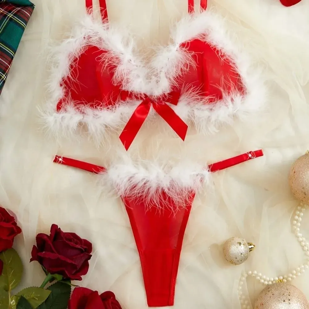 Pakaian dalam wanita berbulu Set Lingerie dekorasi pita nirkabel celana dalam Bra transparan jaring intim romantis setelan ulang tahun — image 2