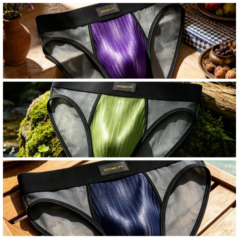 Slips Patchwork en maille transparente pour hommes, pochette brillante à rayures verticales, taille basse, large ceinture élastique, sous-vêtements respirants pour hommes DP923 — image 22