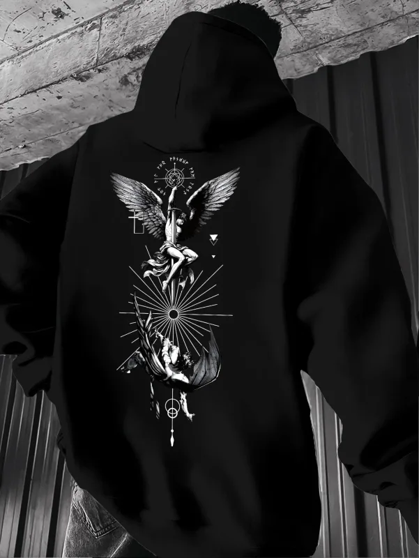 Felpa con cappuccio da uomo con stampa gotica di angeli e tarocchi - Macchina più lunga/stratificazione autunnale (design dei tarocchi vestibilità regolare) - Ideale per eventi a tema e abbigliamento casual con motivi di angeli e tarocchi, comodo tessuto in maglia e versatile stile streetwear