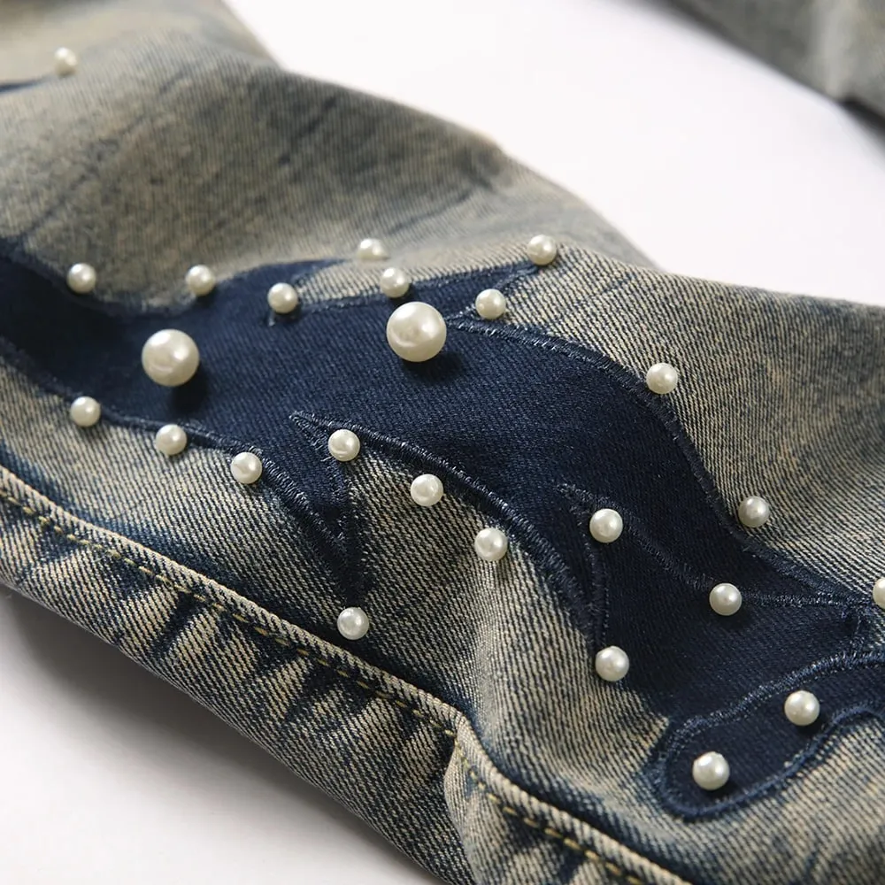 Pantalones vaqueros de mezclilla con corte de bota de perlas para hombre, parches bordados, pantalones acampanados ajustados, ropa de calle informal, pantalones azules Vintage — image 4