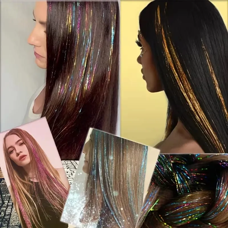 Synthetische Regenbogen-Lametta-Haarverlängerung zum Anklippen, glänzendes Glitzer-Perücke-Haarteil für Frauen, Party, Cosplay, tägliches DIY-Haar-Accessoire — image 7
