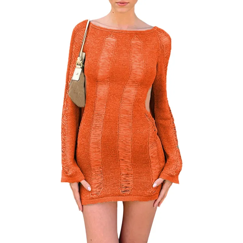 Puloru Sexy Knitted Cutout Short Dress 2022 Spring Summer Backless Long Sleeve Round Neck Wrapped Mini Dresses Streetwear Solid — image 11
