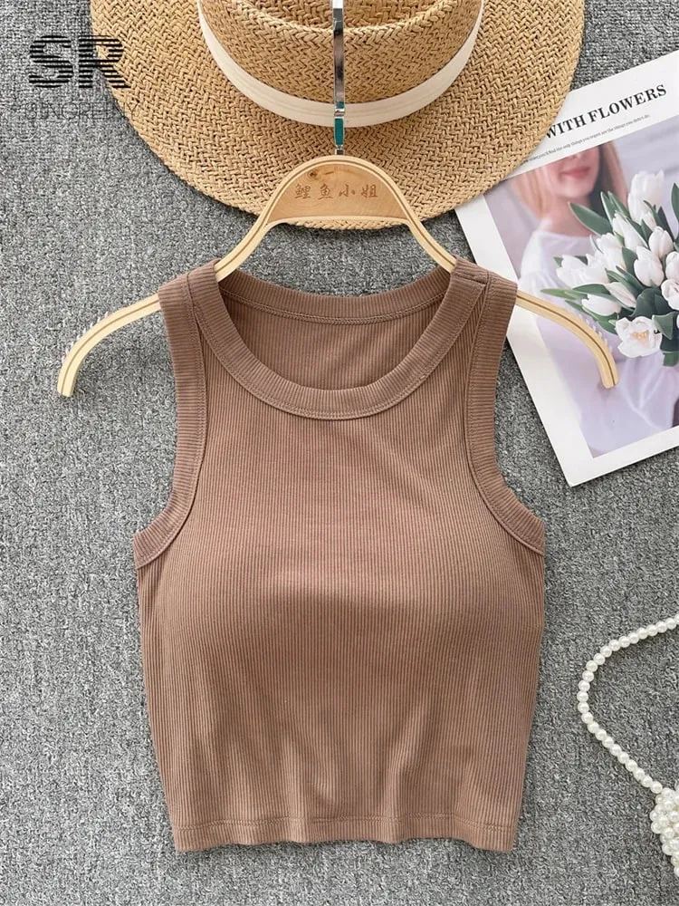 Ærmeløs striktop Dame Rygløs koreansk BH O-hals Solid elastisk talje Dame Elegant Mode Casual Crop Top