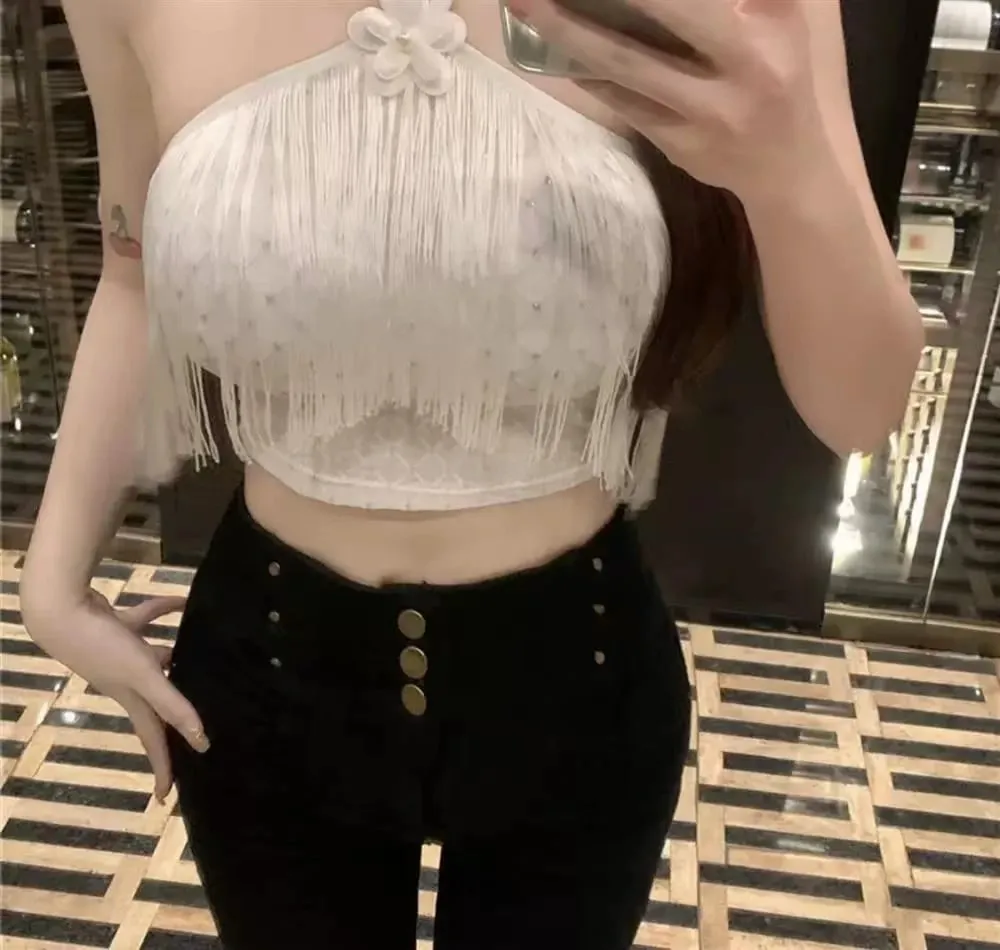 Dekoratives Neckholder-Top mit gepolsterten Körbchen, langer Quaste, Perle, funkelnder Diamant, Retro-Millennial-Stil, sexy Neckholder — image 4