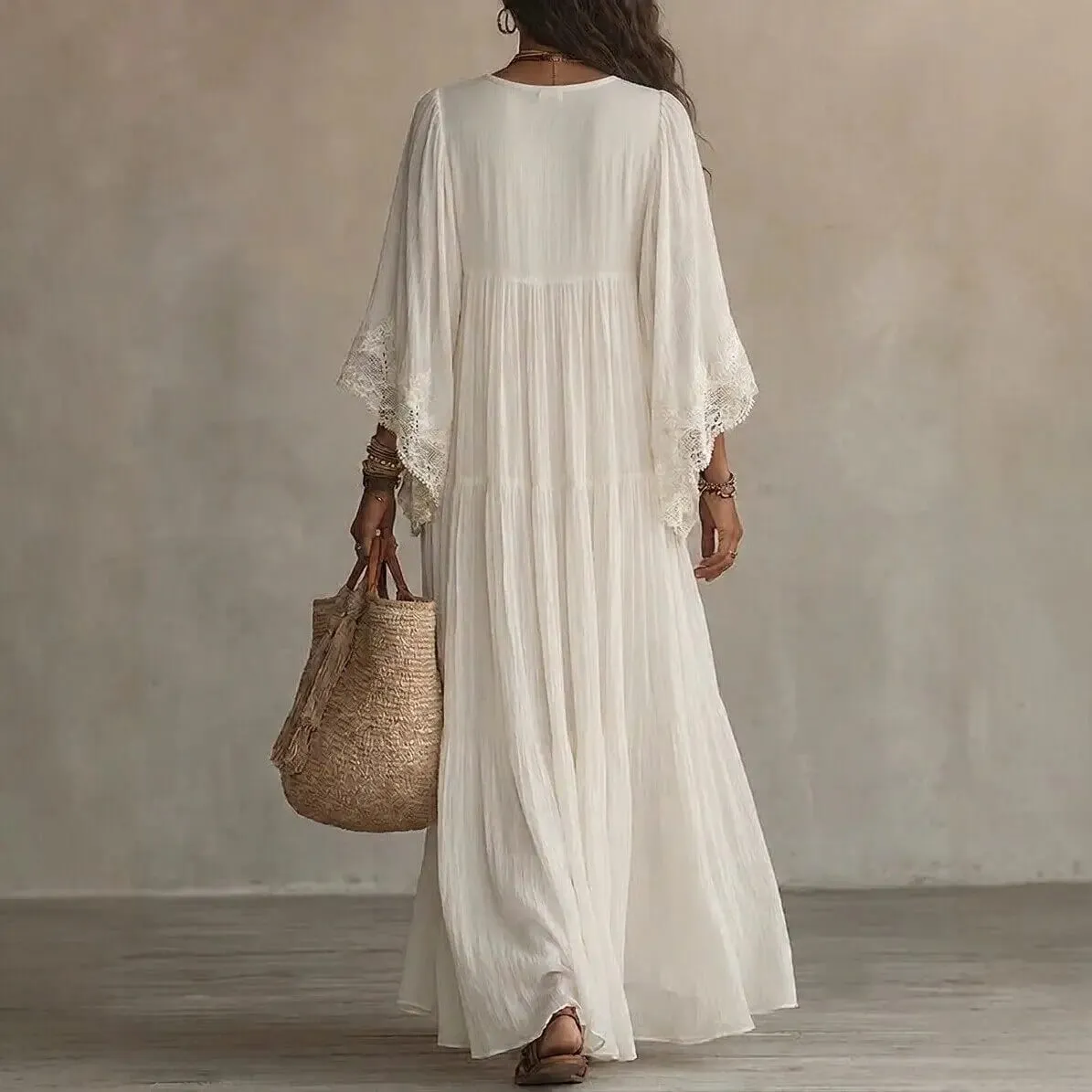 ฤดูร้อนElegant Solidชุดสตรีลำลองลูกไม้Trim VคอFlowy MaxiชุดชายหาดHoliday Party Maxi Dresses Robe Vestidos — image 3