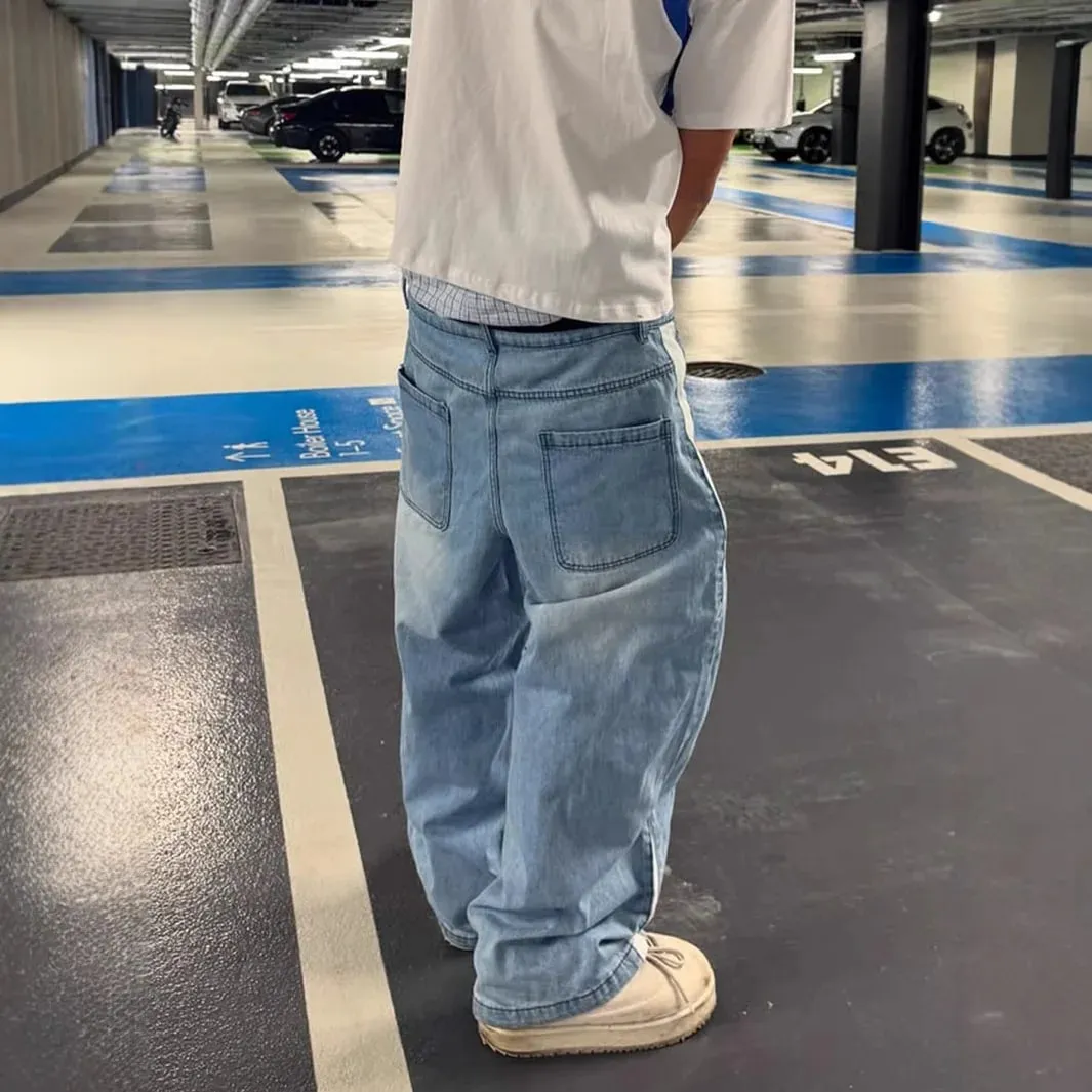 Geniş Bacak Kot Erkekler Düz Pantolon Vintage Patchwork Yıkanmış Sıkıntılı Orta Bel Cepler 2025 streetwear denims Gevşek Pantolon — image 3