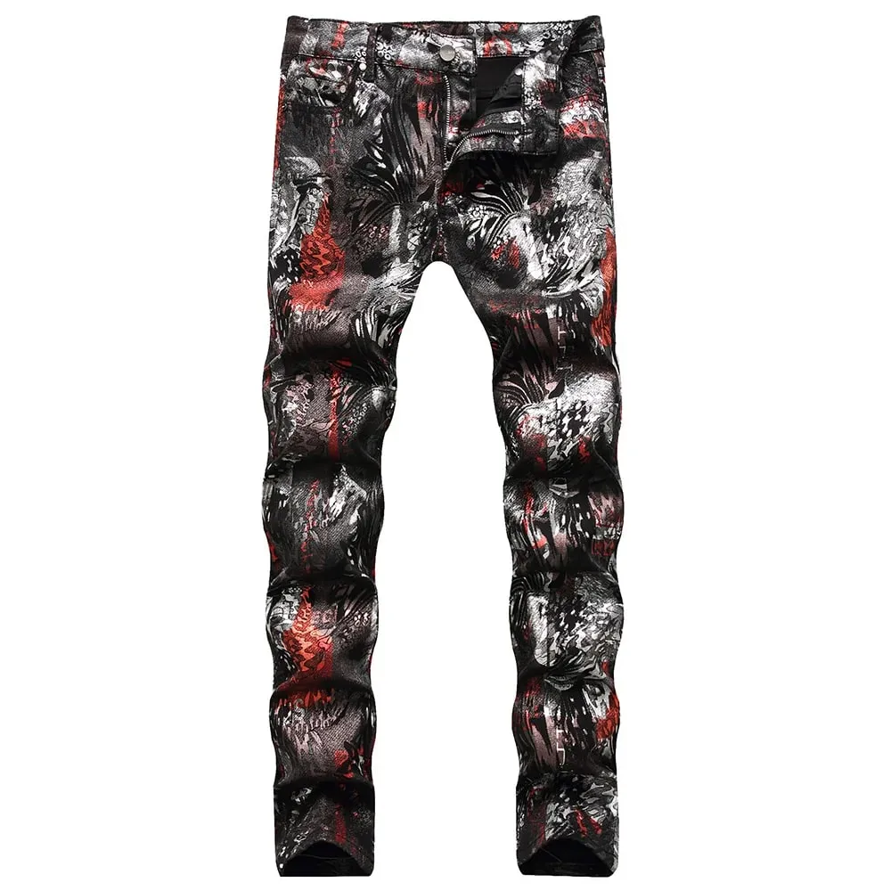 Jeans in denim rivestiti da uomo Pantaloni stampati con motivo astratto leopardato shinny Pantaloni slim affusolati — image 9
