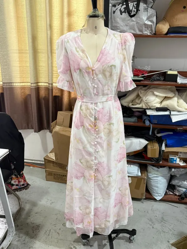 Stampa floreale Volant Scollo a V Vita stretta Abiti lunghi Orlo diviso Monopetto Maxi vestito 2026 Party Beach Vacation Abiti — image 12