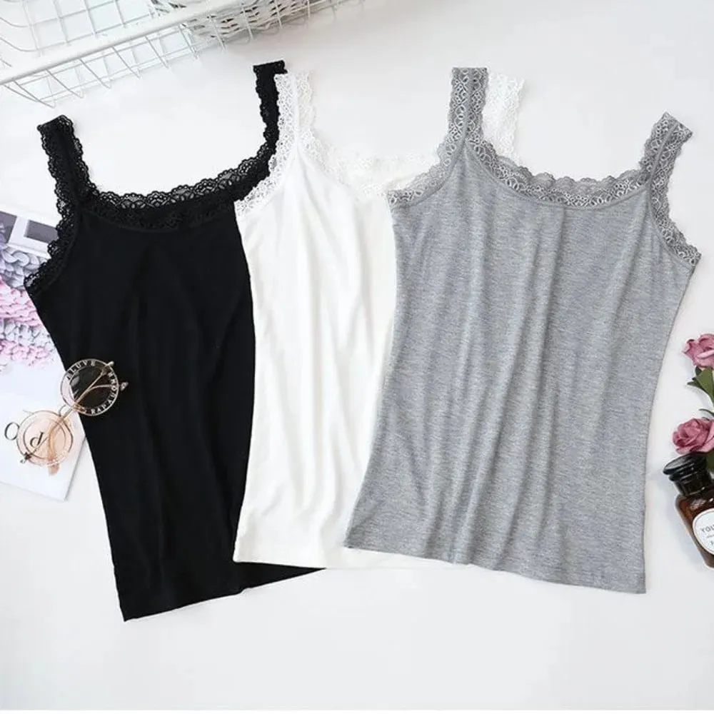 Casual U Neck Summer Tank Tops Sleeveless With Lace Fitted Tops Underwear Loose Cami Top Shirt for Women — image 4