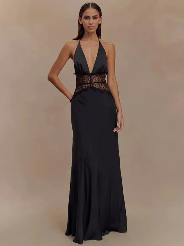 Mozision Abito lungo sexy senza schienale estivo Abito da donna Patchwork in pizzo Halter scollo a V profondo senza maniche abito lungo elegante a vita alta — image 5