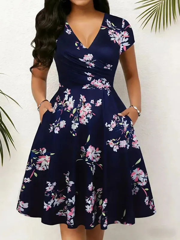 Elegantes, mit Blumenmuster bedrucktes, mittellanges Taschenkleid mit V-Ausschnitt und Polyestermischungen für den Frühling, Sommer und Herbst. Drei-Jahreszeiten-Damenkleid — image 9