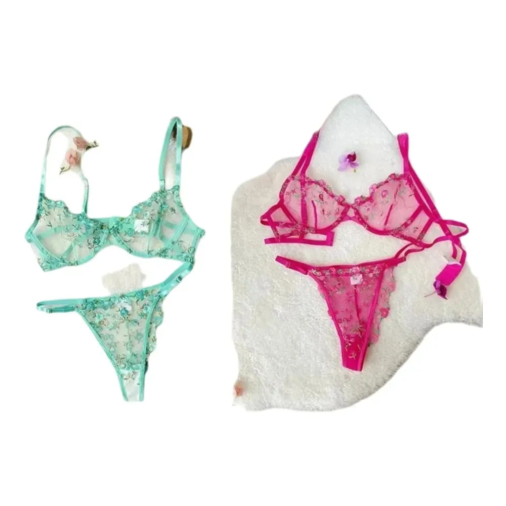 Set Bra Sulaman Renda Bunga Lutsinar Seluar Dalam Minimizer Nipis Musim Panas Lembut Bernafas Payudara Penuh Wanita Di Rumah Pakaian Harian S-XL — image 1