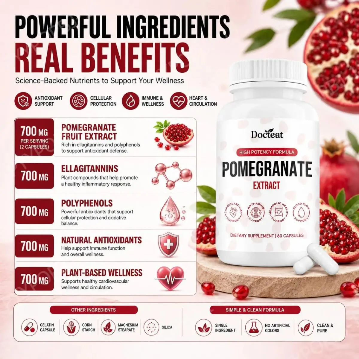 Docteat Capsules d'extrait de fruit de grenade Ellagitannin Défense antioxydante Soutien immunitaire et équilibre oxydatif 60 Capsules — image 5