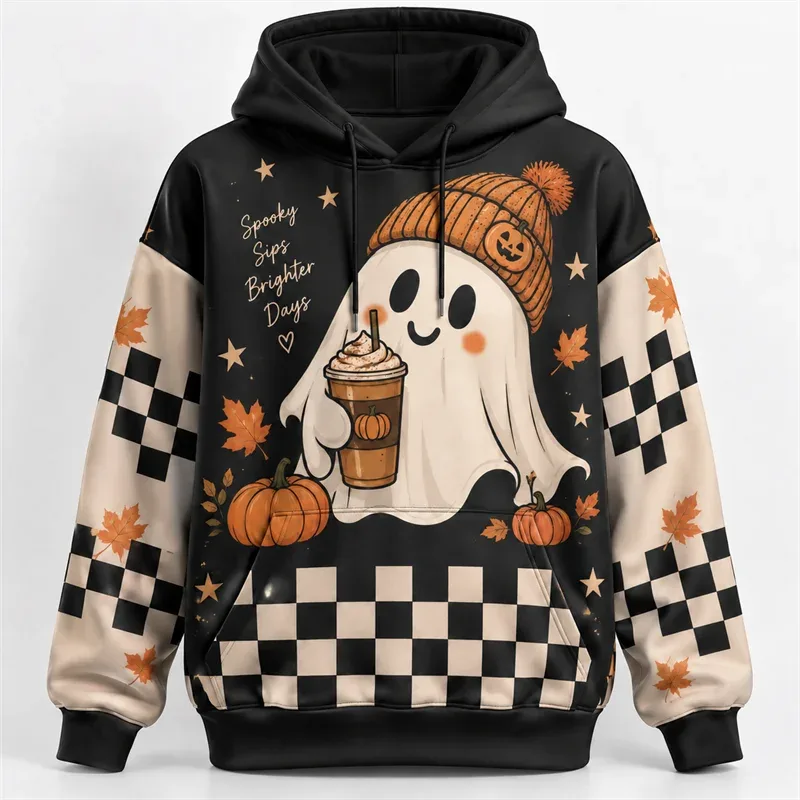 Halloweenská mikina s kapucí 3D celoplošný potisk Polyesterová mikina Gothic Ghost Pumpkin Bat Witch Lebka Horror Streetwear Pulovr Unisex — image 4