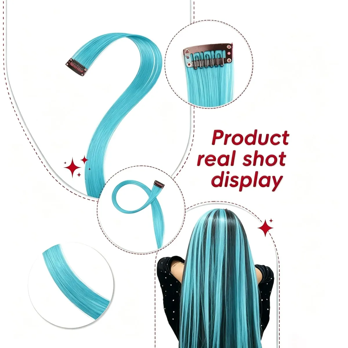6 Pcs Synthetic Light Blue Clip In Hair Extensions Bright Cyan Synthetic Clip In Hair Extensions Straight Color Highlight Hair — image 4