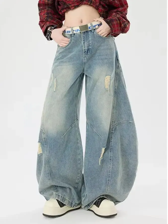 Seluar Jeans Kaki Melengkung Gaya Retro Uniseks Santai Sesuai Perca Tampalan Lembut Tahan Lama Wanita Lelaki Serbaguna Dicuci Seluar Lebar Kaki — image 3