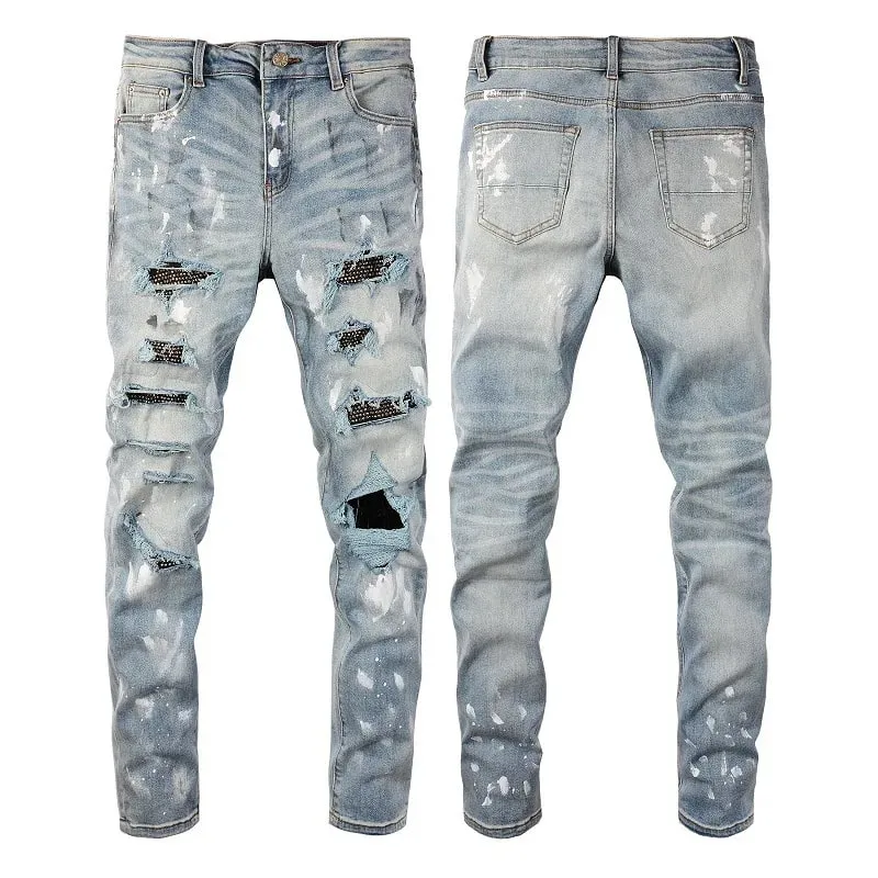 Blue High Street หลุมคริสตัลโปร่งใส Patchwork ยืด Slim Fit Rhinestones แพทช์ Distressed Ripped Graffiti กางเกงยีนส์ผู้ชาย — image 2