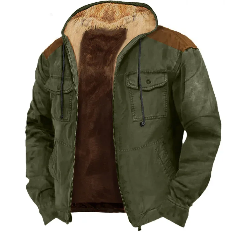 Men's Winter Fleece Hoodies Solid Patchwork Fashion Hooded Windbreaker Jacket Male Loose Work Wear Clothes Sweatshirt Outwear — image 5