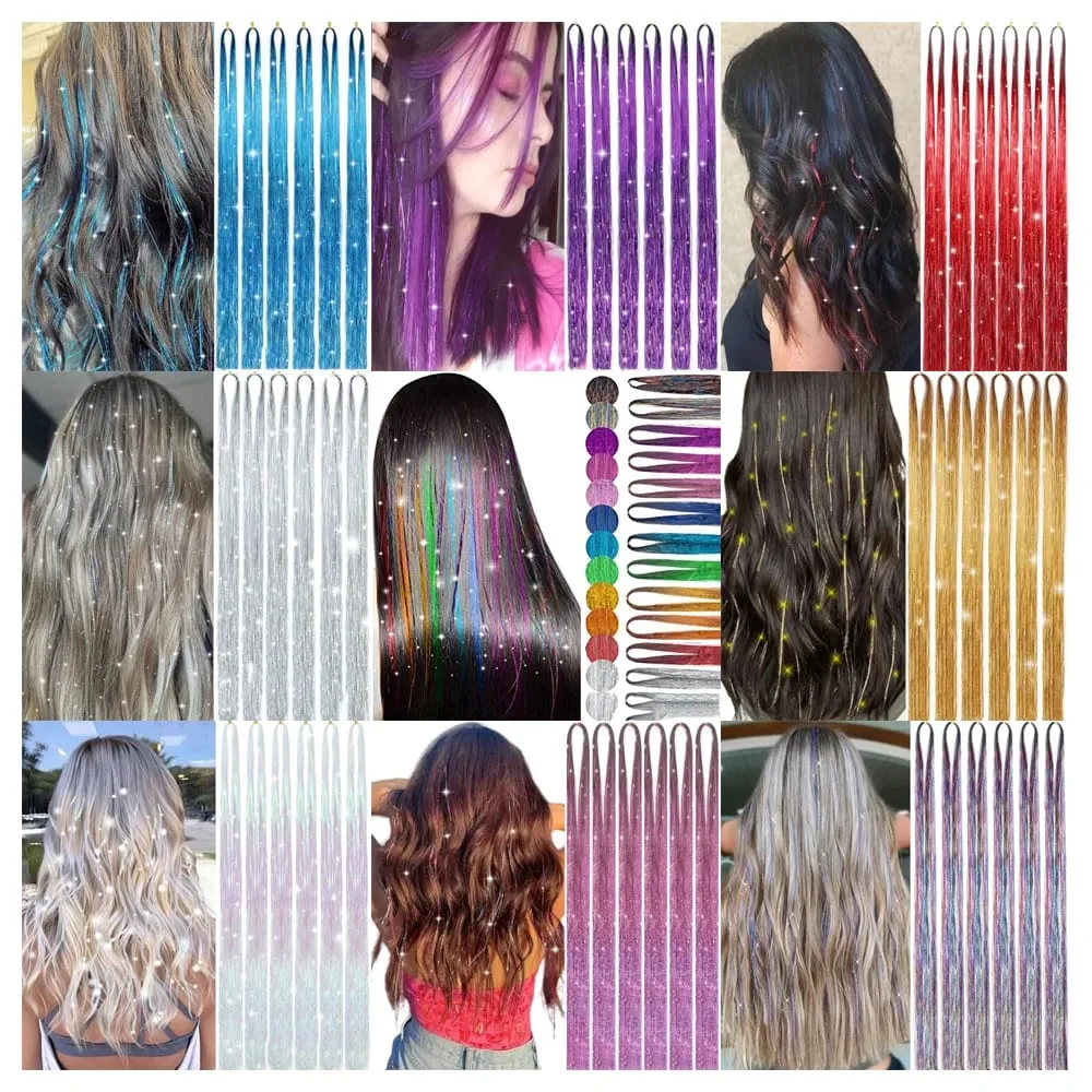 93/120cm 스파클 합성 머리 확장 반짝이 무지개 색깔의 가닥 소녀 모자를 쓰고 있죠 Hairbinge 머리 레이저 거짓 장식 — image 3