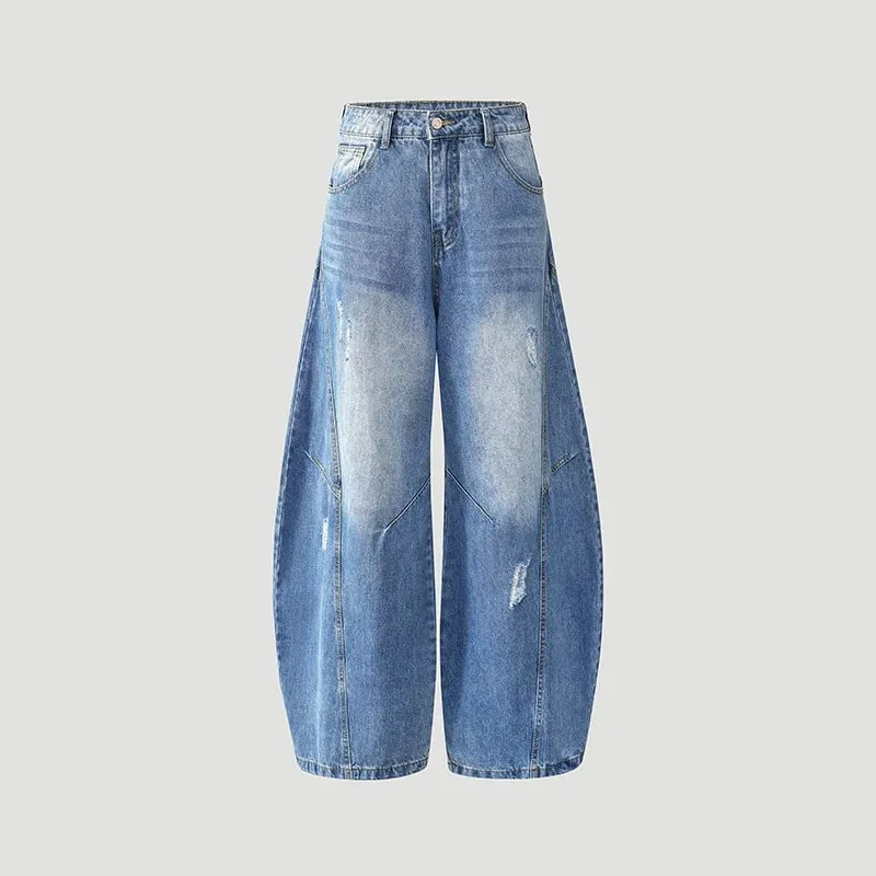 Seluar Jeans Kaki Melengkung Gaya Retro Uniseks Santai Sesuai Perca Tampalan Lembut Tahan Lama Wanita Lelaki Serbaguna Dicuci Seluar Lebar Kaki