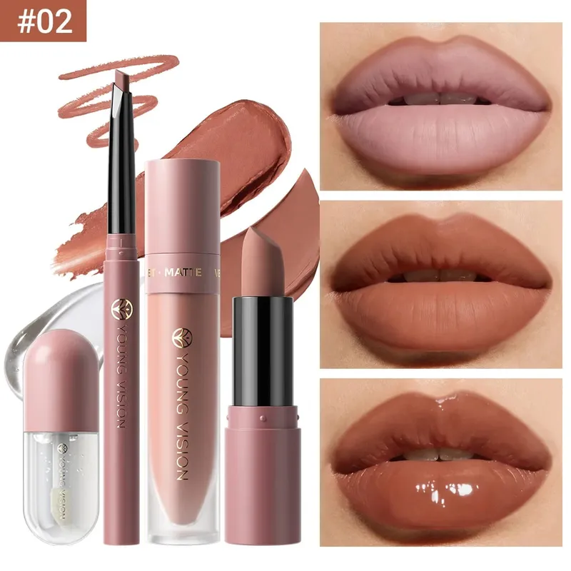 Set 4Pcs Lip Makeup Kit Liner Lipstick Liquid Lip Oil 8 Colors Optional Matte Velvet Lip for Daily Party Makeup — image 7