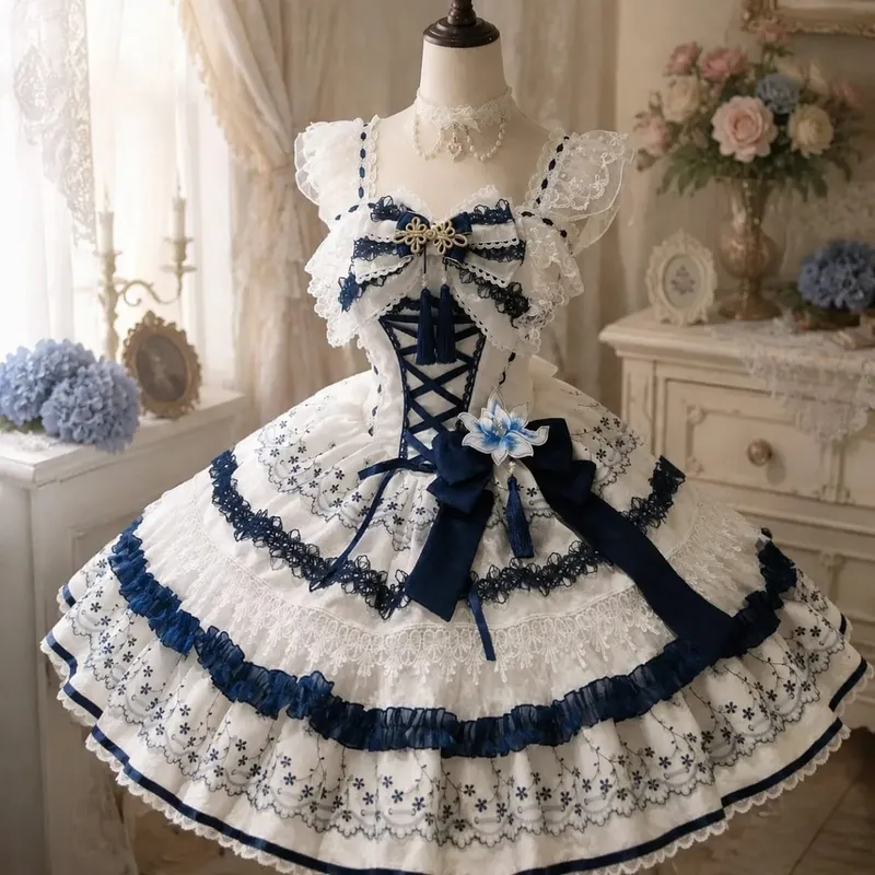 Robe à bretelles Lolita Jks Y2K pour femmes, couleur unie, à volants, nœud en dentelle, Patchwork, princesse Kawaii, robe de bal, longueur aux genoux, fête élégante — image 12
