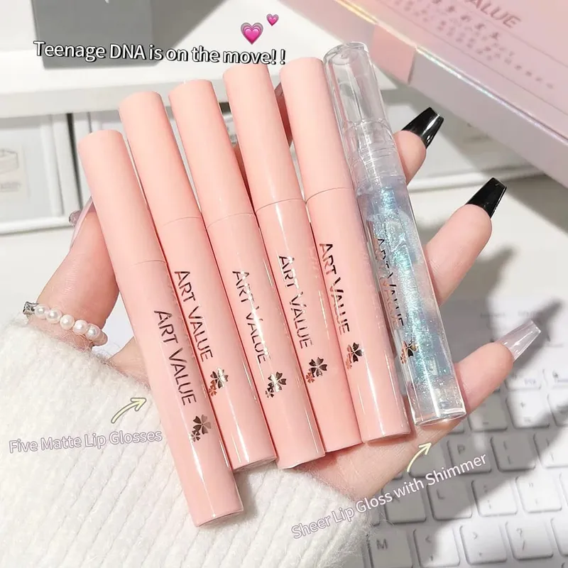 ART VALUE Lips Makeup-sæt inkluderer 5 matte flydende læbestift og 1 læbepomadeolie nærende glitter lipgloss med halskædegave — image 5